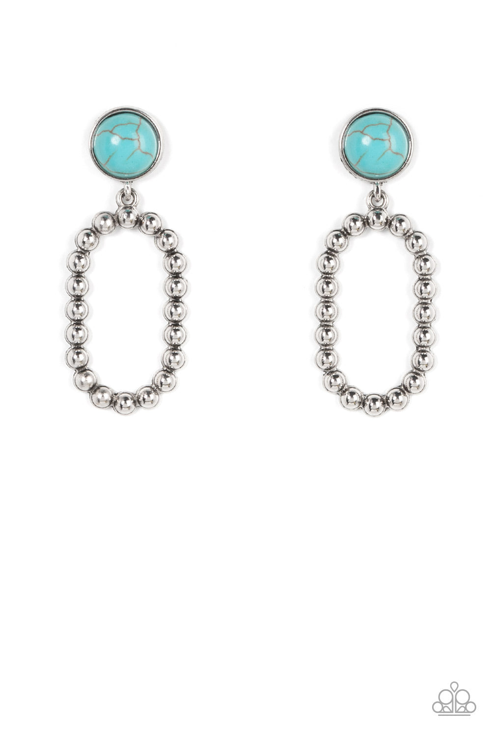 Riverbed Refuge - Blue Turquoise Stone - Silver Earrings - Paparazzi Accessories - a round turquoise stone gives way to a studded oval silver hoop for a rustic flair. Earring attaches to a standard post fitting.