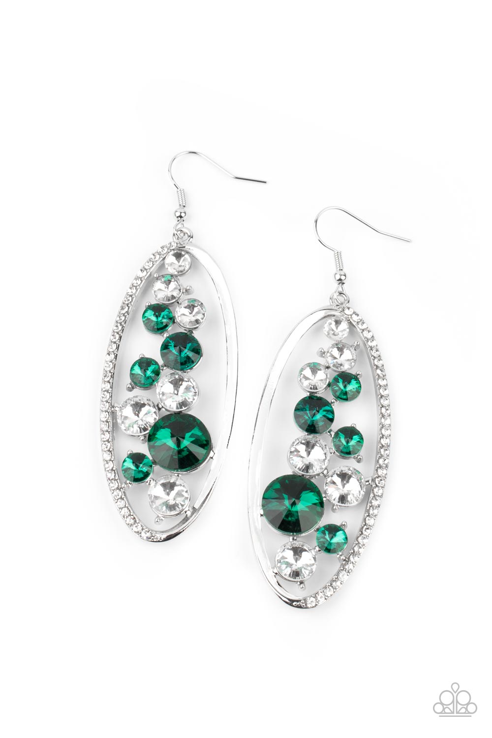 Rock Candy Bubbly - Green and Silver Earrings - Paparazzi Accessories - An oversized collection of glassy white and glittery green rhinestones sparkle inside a silver oval frame. One side of the frame is encrusted in dainty white rhinestones, adding a refined flair to the bubbly lure. Earring attaches to a standard fishhook fitting. Sold as one pair of earrings.