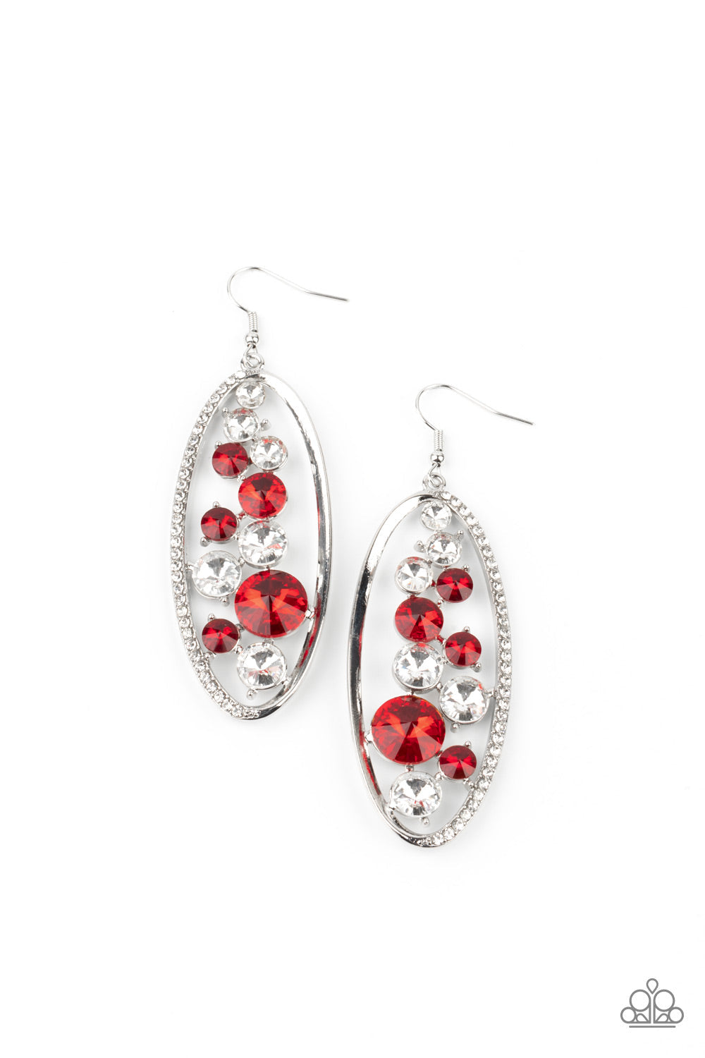 Rock Candy Bubbly - Red and Silver Sparkly Earrings - Paparazzi Accessories - Oversized collection of glassy white and glittery red rhinestones sparkle inside a silver oval frame. One side of the frame is encrusted in dainty white rhinestones, for a refined flair.