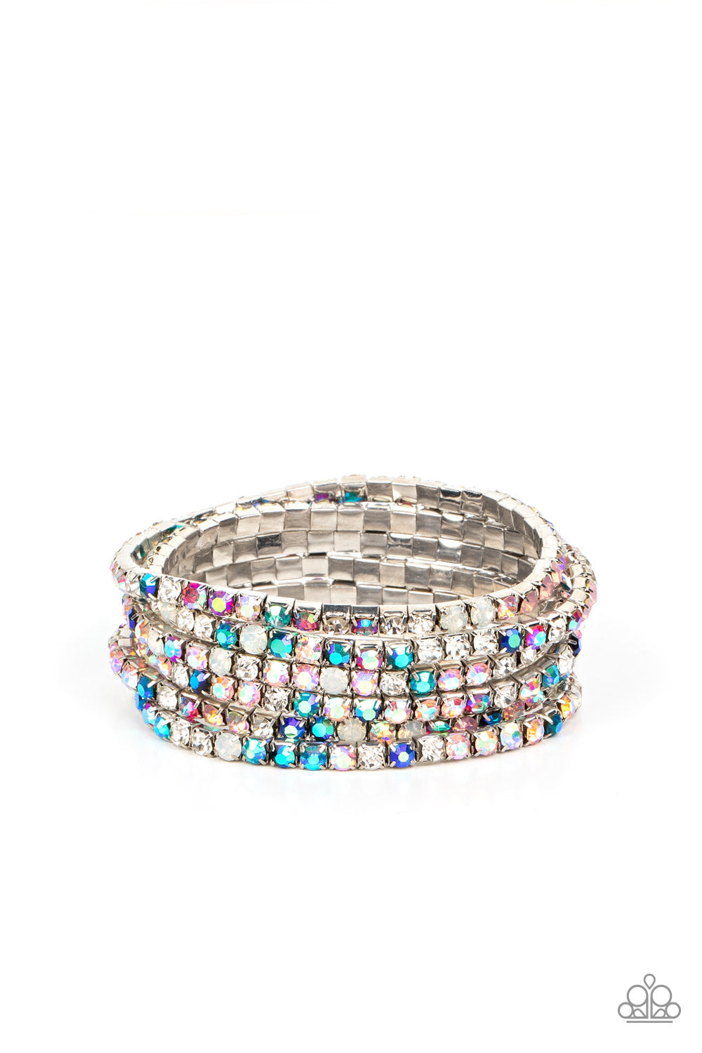 Rock Candy Rage - Multi Color Bracelet - Paparazzi Accessories - Embellished in rhinestone studs, six bracelets threaded along elastic stretchy bands stack across the wrist. Opalescent white, clear, and shades of iridescent in fuchsia, baby pink, and blues create a dramatic collision of color and shimmer. Due to its prismatic palette, color may vary. Sold as set of six bracelets.