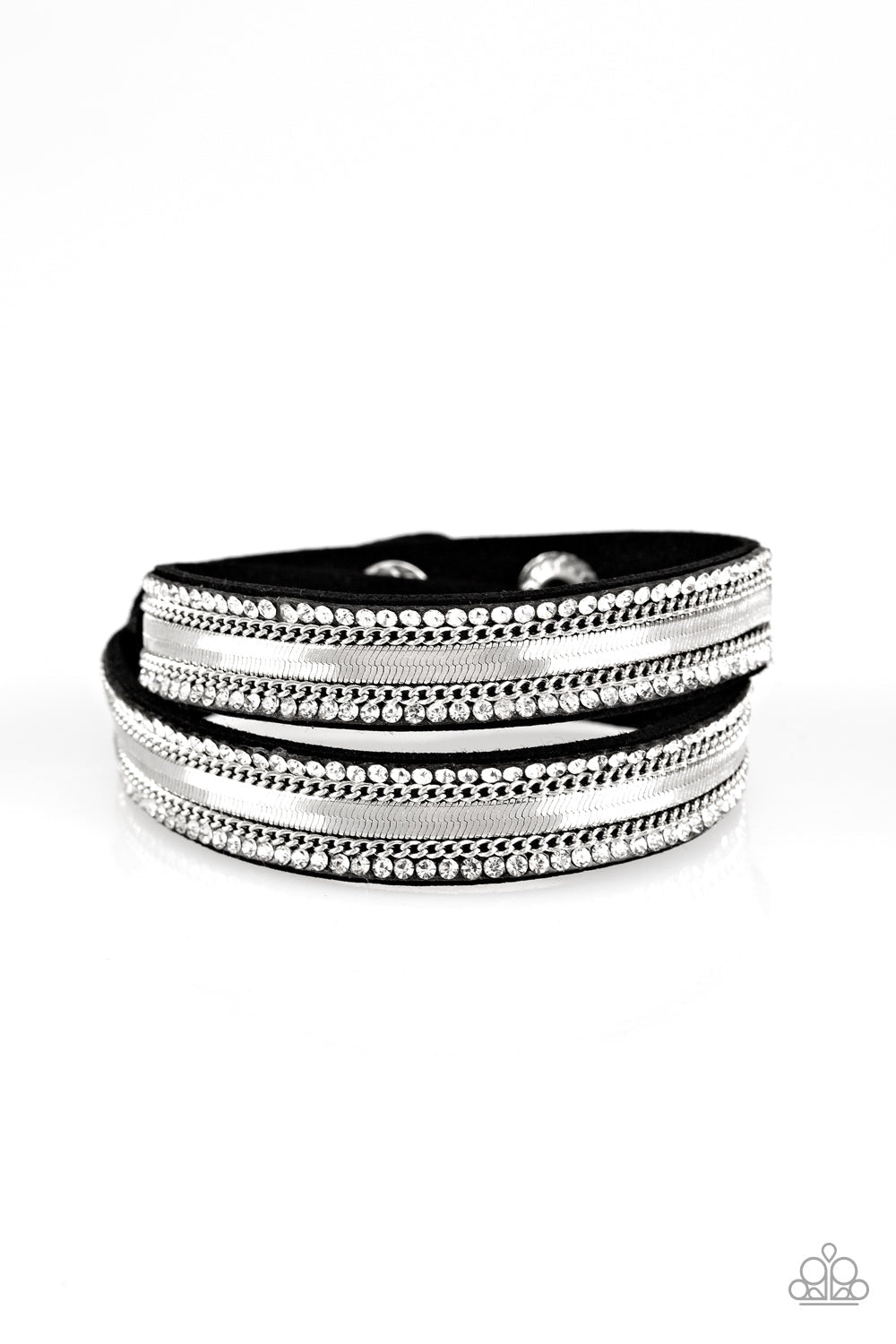 Rocker Rivalry - Black and Silver - Suede Wrap Bracelet - Paparazzi Accessories - Rows of classic silver chain, flat silver chain, and dainty white rhinestones are encrusted along a black suede band for a sassy look. The elongated band allows for a trendy double wrap design. Features an adjustable snap closure. Sold as one individual bracelet.