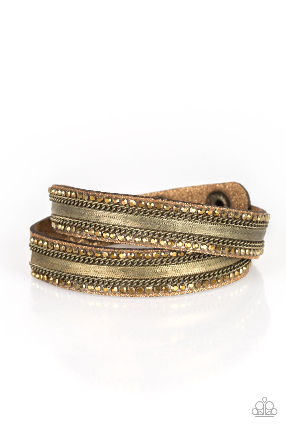 Rocker Rivalry - Brass - Brown Suede - Snap Bracelet - Paparazzi Accessories - Rows of classic brass chain, flat brass chain, and dainty aurum rhinestones are encrusted along a brown suede band dusted in golden sparkles for a sassy look. The elongated band allows for a trendy double wrap design. Features an adjustable snap closure. Sold as one individual bracelet.