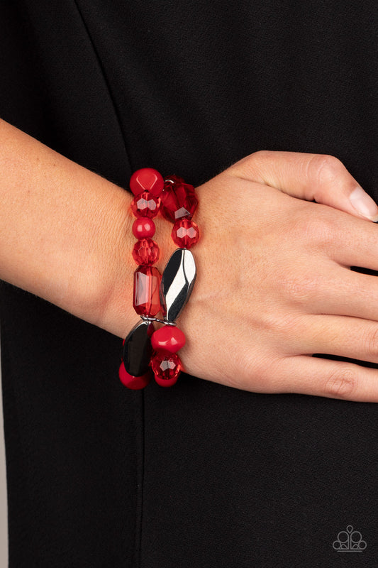 Rockin Rock Candy - Red and Black Stretchy Bracelet - Paparazzi Accessories - Mismatched gunmetal, polished red, and crystal-like beads are threaded along interlocking stretchy bands for a whimsical look. Sold as one individual bracelet. Trendy fashion jewelry for everyone.