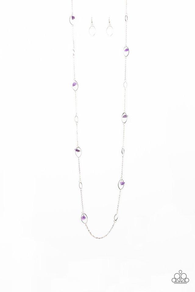 Rocky Razzle - Purple Rock - Silver Necklace - Paparazzi Accessories - Bits of purple rock beads swing from the bottom of silver marquise shaped hoops as they trickle along the chest for a refined flair. Features an adjustable clasp closure.
