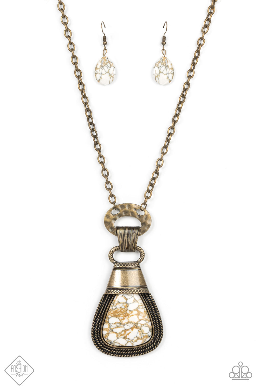 Rodeo Royale - Brass Brown Necklace - Paparazzi Accessories - An earthy brown and white marbled stone is encased in a brass frame made up of layers of rope-like texture and topped with an antiqued brass adornment stamped in rustic patterns. The robust pendant swings from a hammered brass ring and clasp at the bottom of a lengthened brass chain, resulting in a captivating finish necklace.