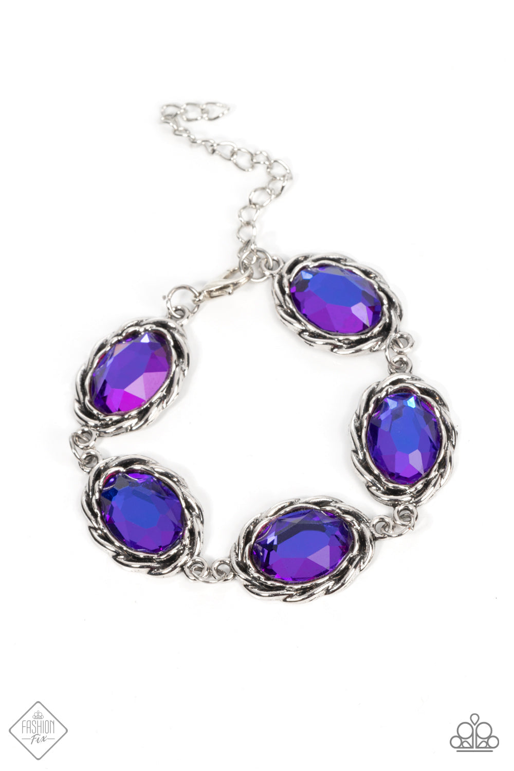 Royal Regalia - Multi - Purple Gem Bracelet - Paparazzi Accessories - Brilliant faceted gems are encased in antiqued silver frames. Featuring a metallic-like finish, the oval multicolored purple gems link end to end for an illustrious appeal around the wrist.