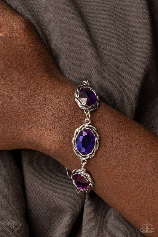 Royal Regalia - Multi - Purple Gem Bracelet - Paparazzi Accessories - Brilliant faceted gems are encased in antiqued silver frames. Featuring a metallic-like finish, the oval multicolored purple gems link end to end for an illustrious appeal around the wrist.