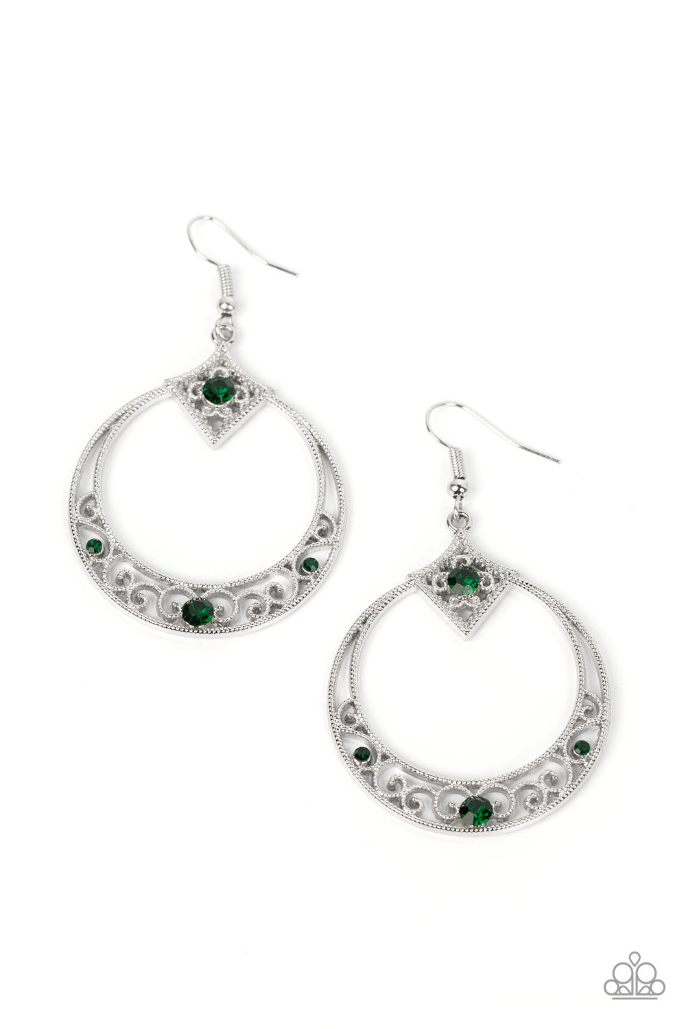 Royal Resort - Green and Silver Earrings - Paparazzi Accessories - Studded silver filigree swirls inside the bottom of a shiny silver hoop that is crowned in a diamond-shaped frame. Glittery green rhinestones are sprinkled along the vine-like motifs, adding a glitzy finish to the seasonal inspired frame. Earring attaches to a standard fishhook fitting. Sold as one pair of earrings.