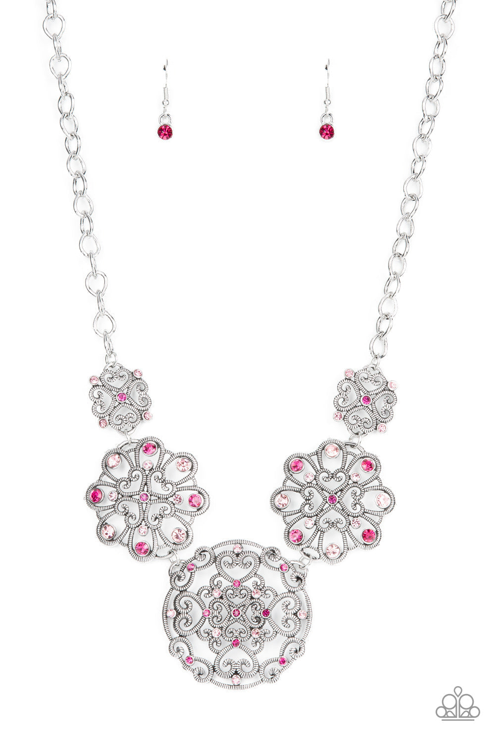 Royally Romantic - Pink and Silver Necklace - Paparazzi Accessories - Spiraling with heart shaped filigree patterns, a mismatched collection of silver mandala-like frames delicately link below the collar. A smattering of dark and light pink rhinestones adorn the ornate frames, adding a spritz of glitter to the regal display. Features an adjustable clasp closure. Sold as one individual necklace.