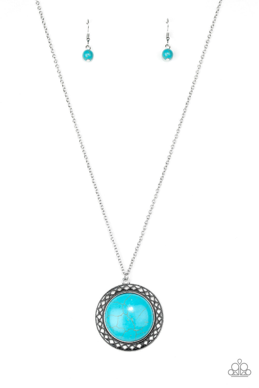 Run Out Of RODEO - Blue Turquoise - Silver Necklace - Paparazzi Accessories - Turquoise stone is pressed into the center of a shimmery silver frame radiating with sunburst details. The earthy frame swings from the bottom of a lengthened silver chain for a seasonal finish. 