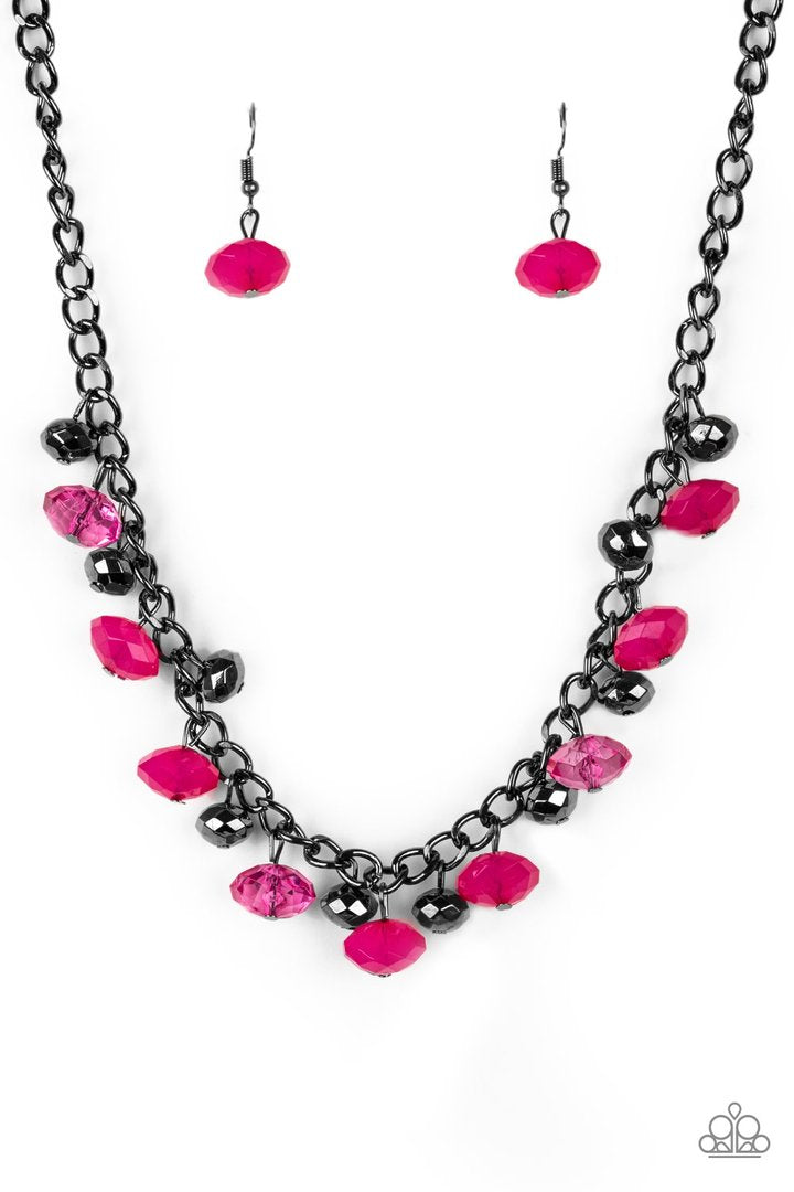 Runway Rebel - Pink and Gunmetal Fashion Necklace - Paparazzi Accessories - Featuring cloudy and glassy finishes, faceted pink crystal-like beads swing from the bottom of a glistening gunmetal chain. Faceted gunmetal beads join the pink beading, creating a flirtatious fringe below the collar fashion necklace.