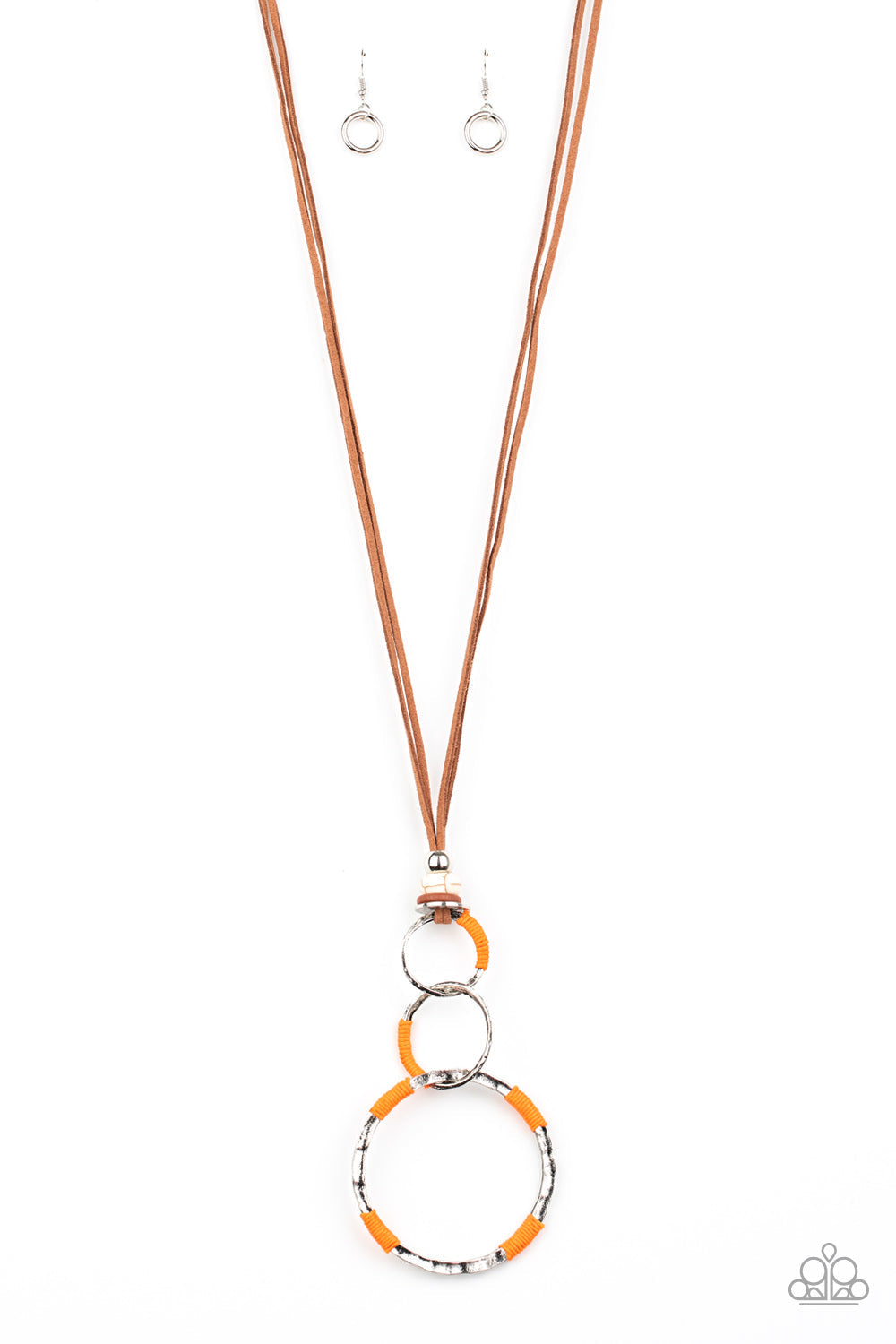 Rural Renovation - Orange and Brown Suede Necklace - Paparazzi Accessories - Wrapped in sections of orange threaded accents, a mismatched trio of hammered silver rings link at the bottom of a beaded fitting. The earthy compilation is attached to lengthened strands of brown suede for an authentic finish. Features an adjustable clasp closure. Sold as one individual necklace.