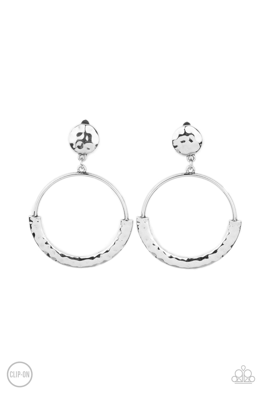Rustic Horizons - Silver Clip-On Fashion Earrings - Paparazzi Accessories - The bottom of an antiqued silver hoop is covered with a bowing hammered frame at the bottom of a hammered silver disc, creating a rustic lure. Earring attaches to a standard clip-on fitting. Sold as one pair of clip-on earrings.