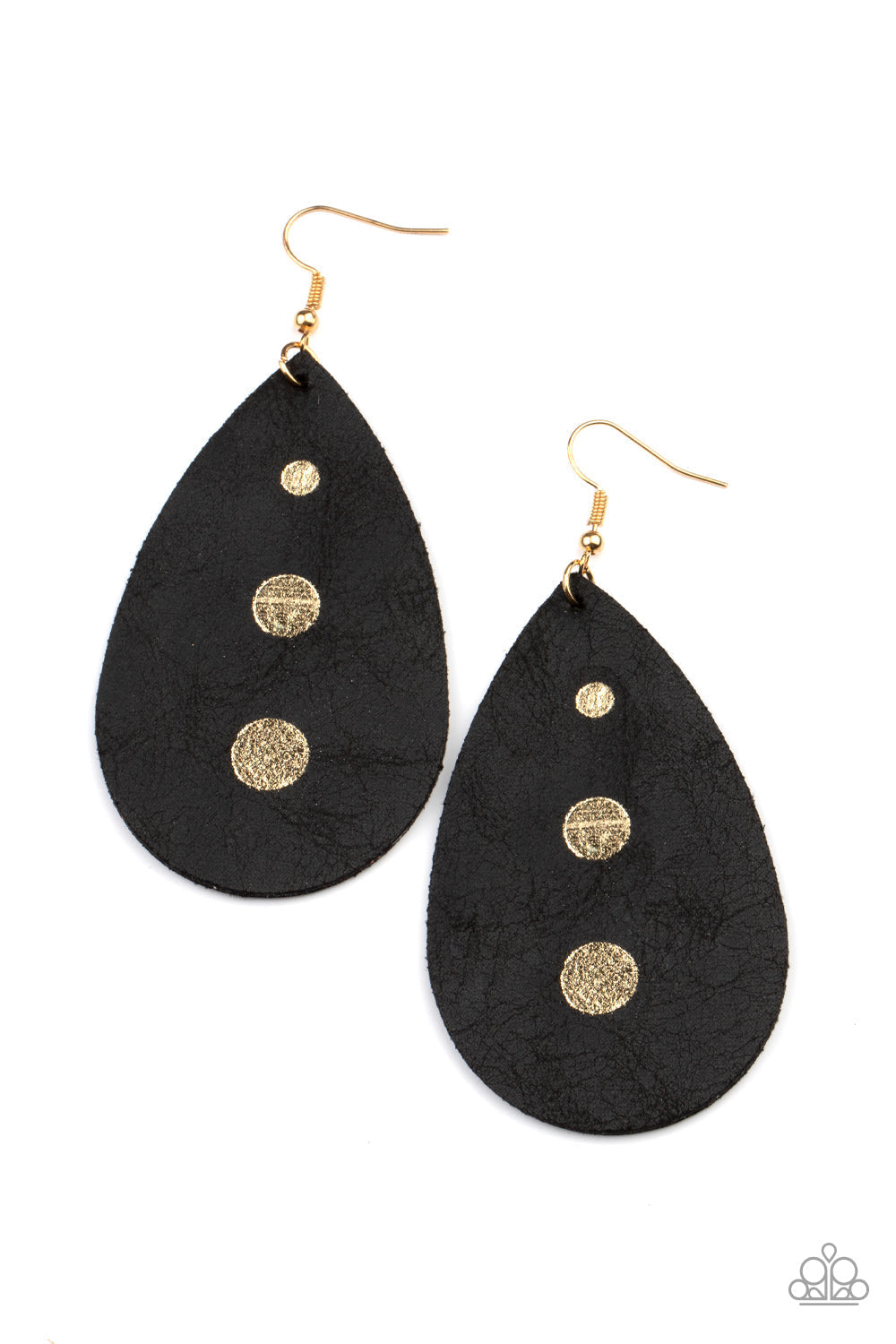 Rustic Torrent - Black and Gold Leather Earrings - Paparazzi Accessories - The front of a distressed leather teardrop frame is adorned with three shimmery gold paint drops, creating a rustic elegance. Earring attaches to a standard fishhook fitting. Sold as one pair of earrings.