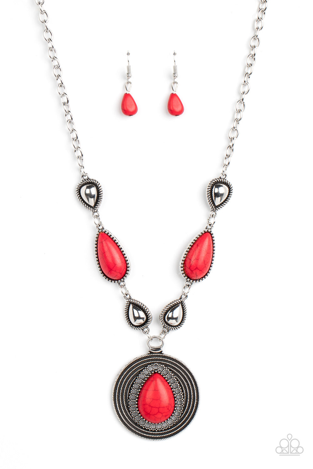Saguaro Soul Trek - Red Stone and Silver Necklace - Paparazzi Jewelry - shiny silver teardrops alternate with red stone frames at the bottom of a silver chain. Bordered in whirls of studded details, an oversized red teardrop stone is pressed into the center of the rippling silver pendant for a hypnotic finish. Features an adjustable clasp closure. 