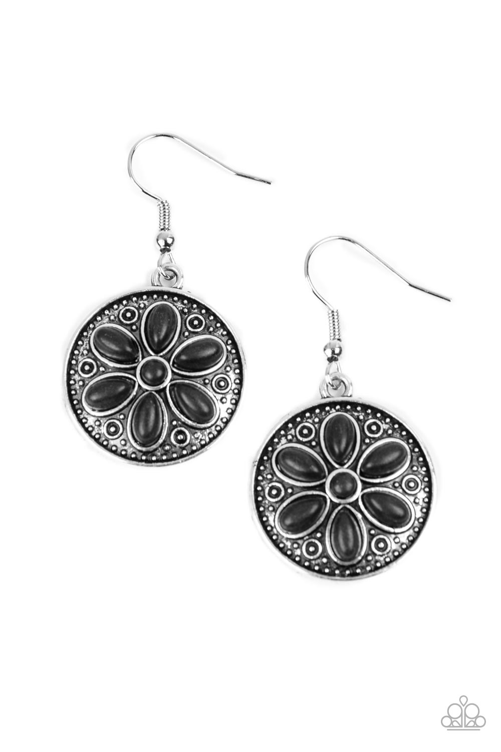 Saguaro Spring - Black Stone and Silver Earrings - Paparazzi Accessories - Earthy black stones are pressed into the front of a studded silver frame, blooming into a rustic daisy for a seasonal look. Earring attaches to a standard fishhook fitting. Sold as one pair of earrings.
