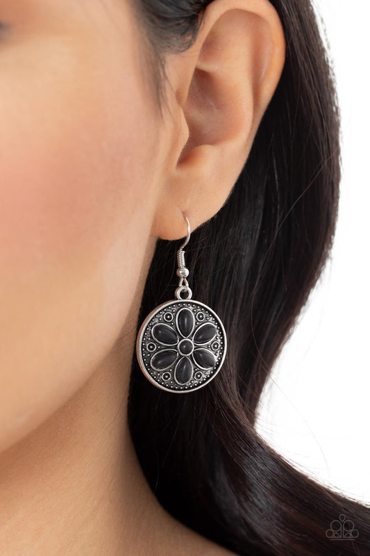 Saguaro Spring - Black Stone and Silver Earrings - Paparazzi Jewelry - Bejeweled Accessories By Kristie - Earthy black stones are pressed into the front of a studded silver frame, blooming into a rustic daisy for a seasonal look. Earring attaches to a standard fishhook fitting. Sold as one pair of earrings.