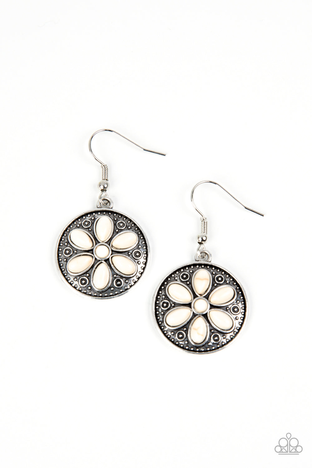 Saguaro Spring - White Stone and Silver Earrings - Paparazzi Accessories - Earthy white stones are pressed into the front of a studded silver frame, blooming into a rustic daisy for a seasonal look. Earring attaches to a standard fishhook fitting.  Sold as one pair of earrings.