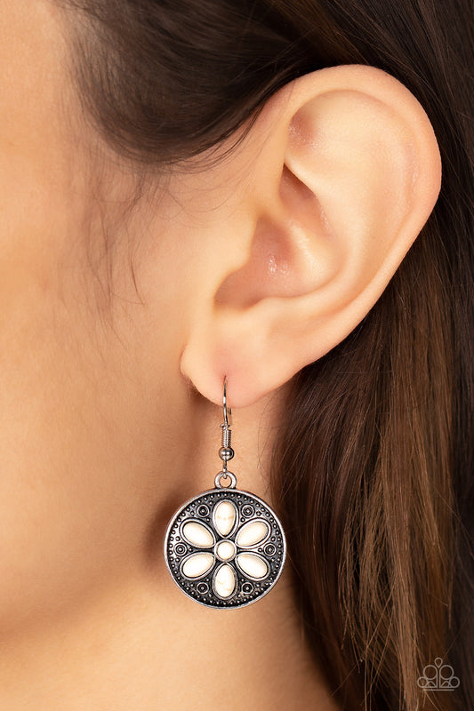 Saguaro Spring - White Stone and Silver Earrings - Paparazzi Jewelry  - Bejeweled Accessories By Kristie - Earthy white stones are pressed into the front of a studded silver frame, blooming into a rustic daisy for a seasonal look. Earring attaches to a standard fishhook fitting. Sold as one pair of earrings.