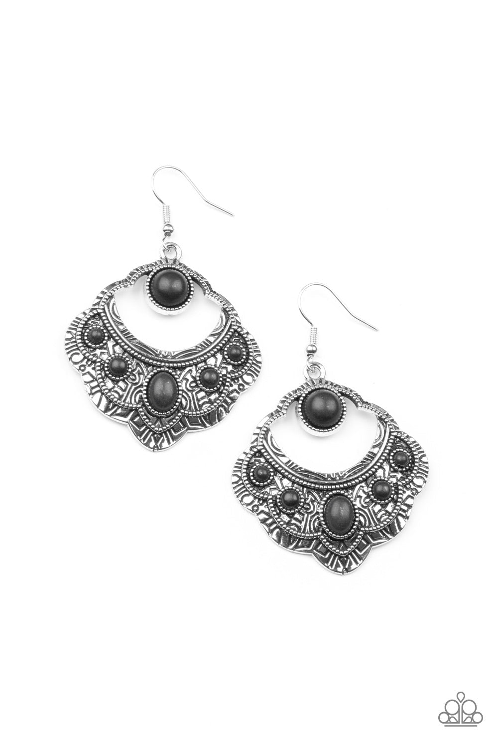 Saguaro Sunset - Black and Silver Earrings - Paparazzi Accessories - An earthy assortment of oval and round black stones adorn the front of a scalloped silver frame that is studded and engraved in tribal inspired details. Earring attaches to a standard fishhook fitting.