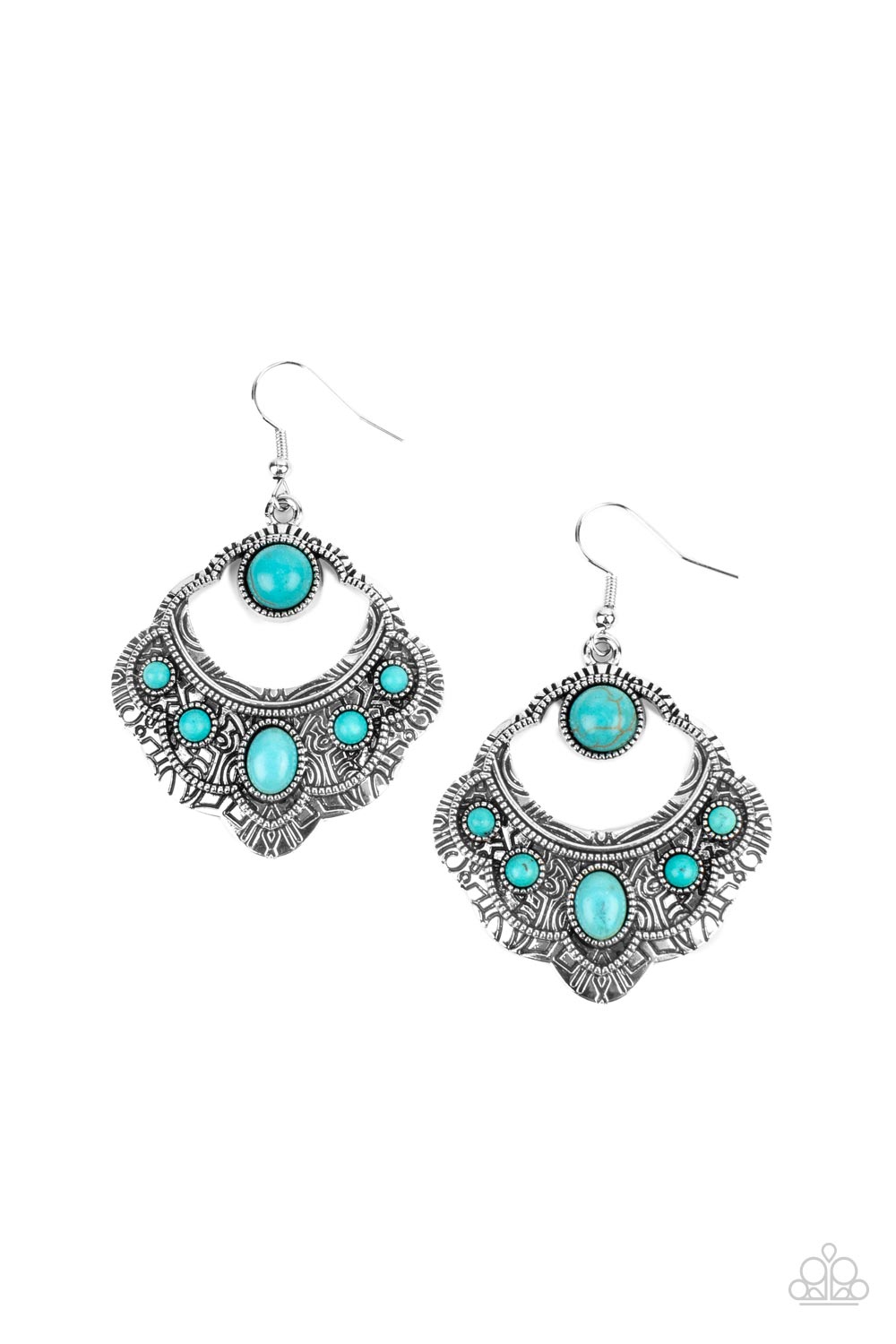 Saguaro Sunset - Blue Turquoise Stone - Silver Earrings - Paparazzi Accessories - An earthy assortment of oval and round turquoise stones adorn the front of a scalloped silver frame that is studded and engraved in tribal inspired details. Earring attaches to a standard fishhook fitting.