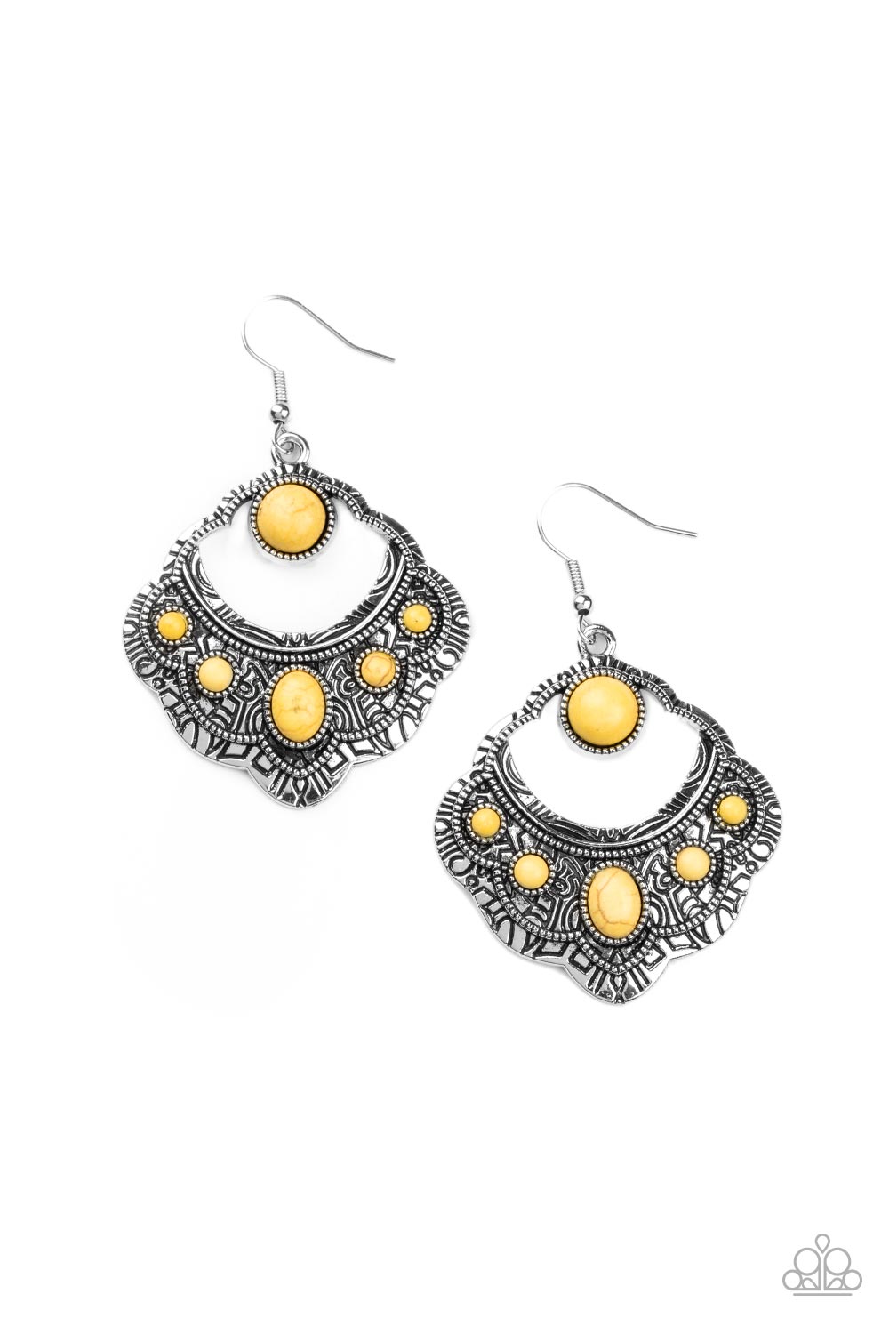 Saguaro Sunset - Yellow Stone - Silver Earrings - Paparazzi Accessories - An earthy assortment of oval and round yellow stones adorn the front of a scalloped silver frame that is studded and engraved in tribal inspired details. Earring attaches to a standard fishhook fitting.