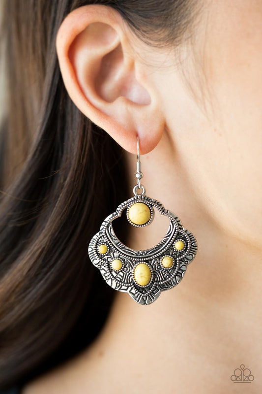 Saguaro Sunset - Yellow Stone - Silver Earrings - Paparazzi Accessories - An earthy assortment of oval and round yellow stones adorn the front of a scalloped silver frame that is studded and engraved in tribal inspired details. Earring attaches to a standard fishhook fitting.