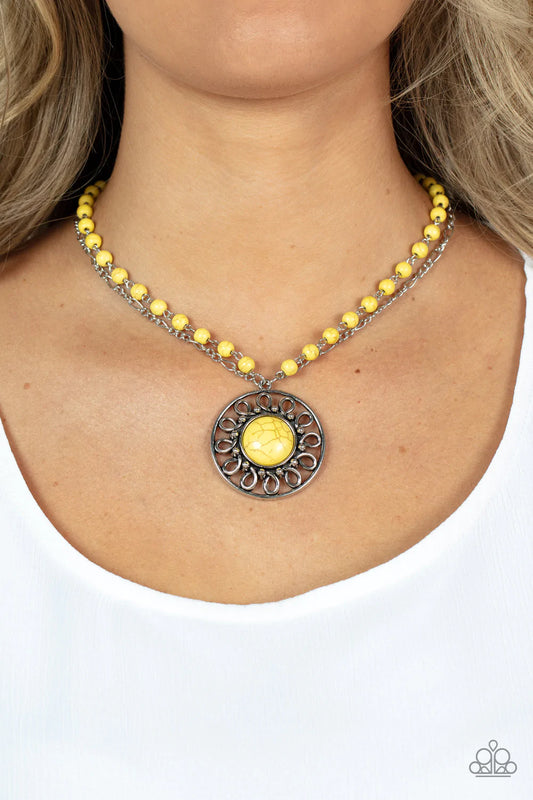 Sahara Suburb - Yellow and Silver Necklace - Paparazzi Accessories - A dainty silver chain is paired with an Illuminating stone beaded chain below the collar. An oversized Illuminating stone adorns the center of an antiqued silver frame radiating with silver studded and wire-like detail, creating an authentic artisan inspired pendant at the bottom of the earthy chains. Features an adjustable clasp closure. Sold as one individual necklace.