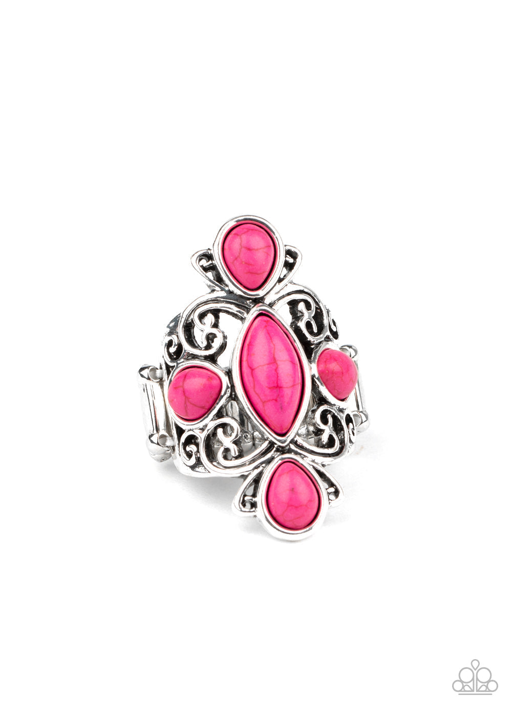 Sahara Sweetheart - Pink and Silver Ring - Paparazzi Accessories - Swirling silver filigree delicately curls around an array of pink stones, creating a colorfully rustic centerpiece atop the finger. Features a stretchy band for a flexible fit. Sold as one individual ring.