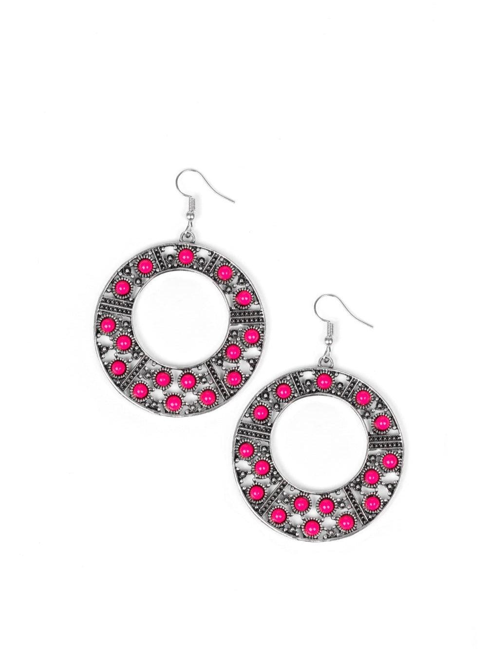 San Diego Samba - Pink and Silver Earrings - Paparazzi Accessories - Bejeweled Accessories By Kristie - Flirtatious pink beads are sprinkled across a shimmery silver hoop radiating with dainty silver studs, creating a whimsical frame. Earring attaches to a standard fishhook fitting. Sold as one pair of earrings.