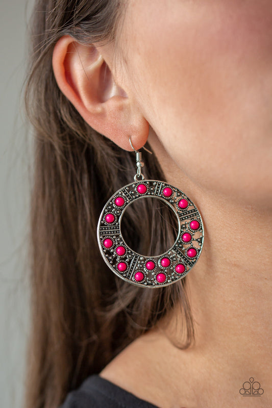 San Diego Samba - Pink and Silver Earrings - Paparazzi Accessories - Bejeweled Accessories By Kristie -  Flirtatious pink beads are sprinkled across a shimmery silver hoop radiating with dainty silver studs, creating a whimsical frame. Earring attaches to a standard fishhook fitting. Sold as one pair of  earrings. 