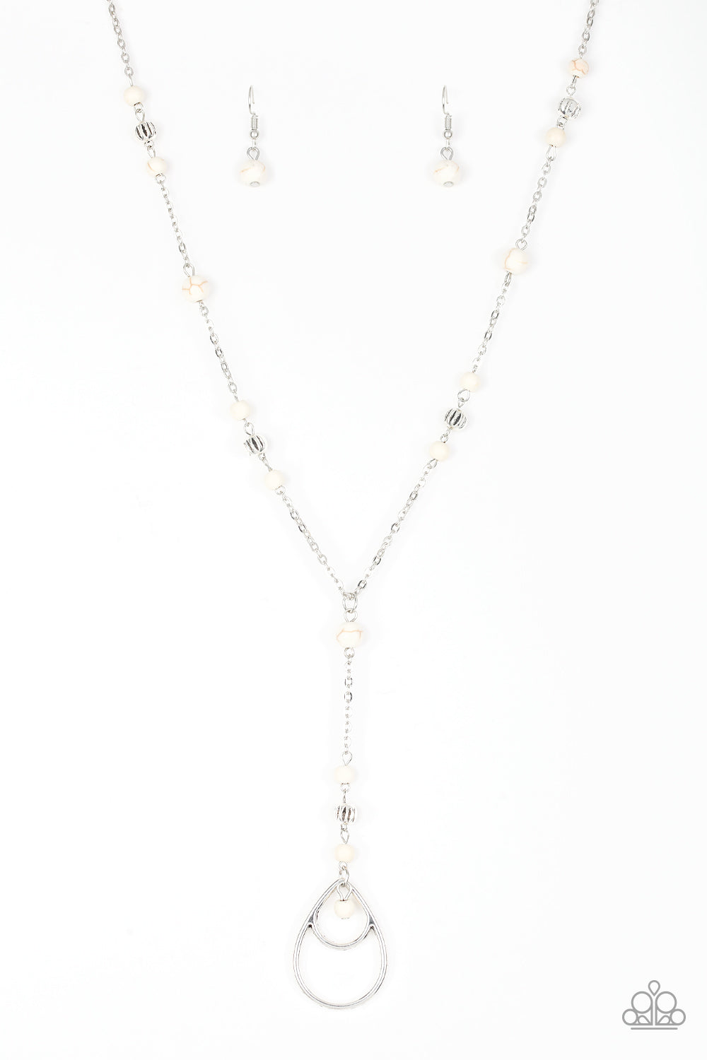 Sandstone Savannahs - White Stone and Silver Necklace - Paparazzi Accessories - Infused with ornate silver beads, earthy white stones trickle along a shimmery silver chain for a seasonal look. A glistening silver teardrop pendant swings from the bottom for a whimsical finish.