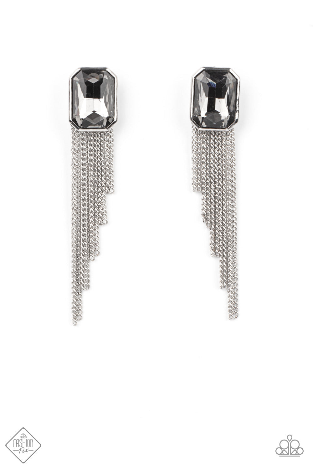 Save for a REIGNy Day - Silver Fashion Earrings - Paparazzi Accessories - Tapered silver chains stream from the bottom of an oversized smoky emerald cut gem, creating a regal fringe. Earring attaches to a standard post fitting. Sold as one pair of post earrings.