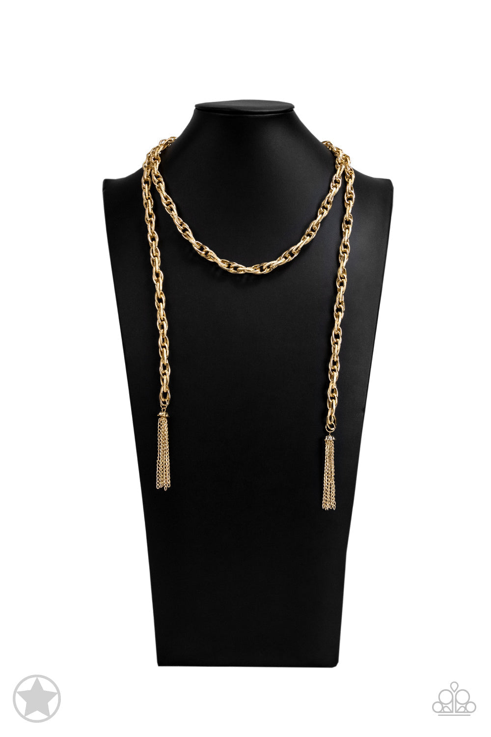 SCARFed for Attention - Gold Scarf Fashion Necklace - Paparazzi Accessories - A single strand of spiraling, interlocking links with light-catching texture is anchored by two tassels of chain that add dramatic length to the piece. Undeniably the most versatile piece in Paparazzi's history, the scarf necklace features FIVE different ways to accessorize: Open Layer, Loop, Traditional Wrap, Double Knot, and Nautical Knot. Sold as one individual necklace.