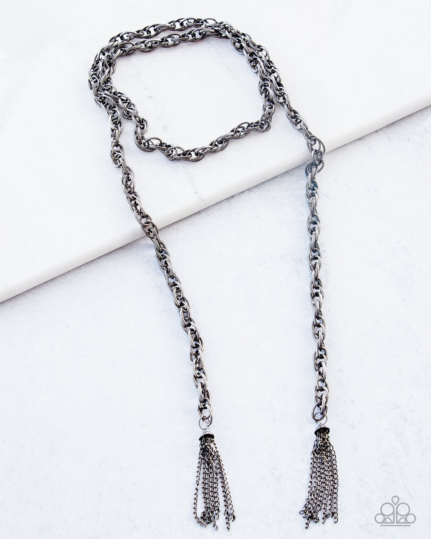 SCARFed for Attention - Gunmetal Scarf Necklace - Paparazzi Accessories Long Necklaces Bejeweled Accessories By Kristie Featuring Paparazzi Jewelry - Trendy fashion jewelry for everyone -