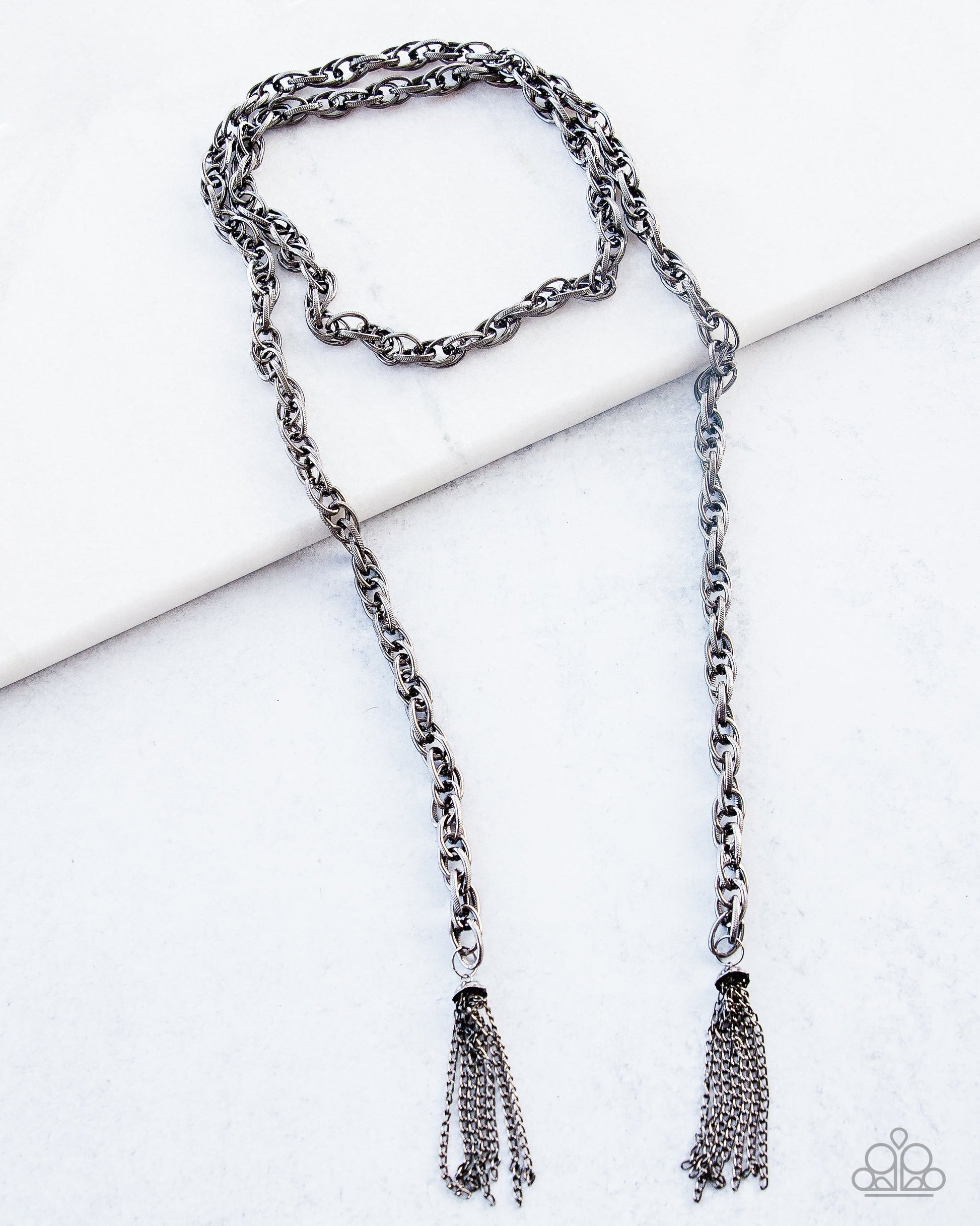 SCARFed for Attention - Gunmetal Scarf Necklace - Paparazzi Accessories Long Necklaces Bejeweled Accessories By Kristie Featuring Paparazzi Jewelry - Trendy fashion jewelry for everyone -