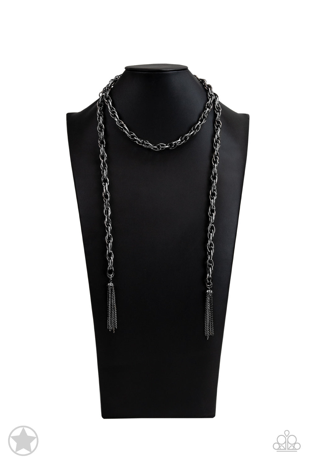 SCARFed for Attention - Gunmetal Scarf Necklace - Paparazzi Accessories - A single strand of spiraling, interlocking links with light-catching texture is anchored by two tassels of chain that add dramatic length to the piece. Undeniably the most versatile piece in Paparazzi's history, the scarf necklace features FIVE different ways to accessorize. Bejeweled Accessories By Kristie - Trendy fashion jewelry for everyone -