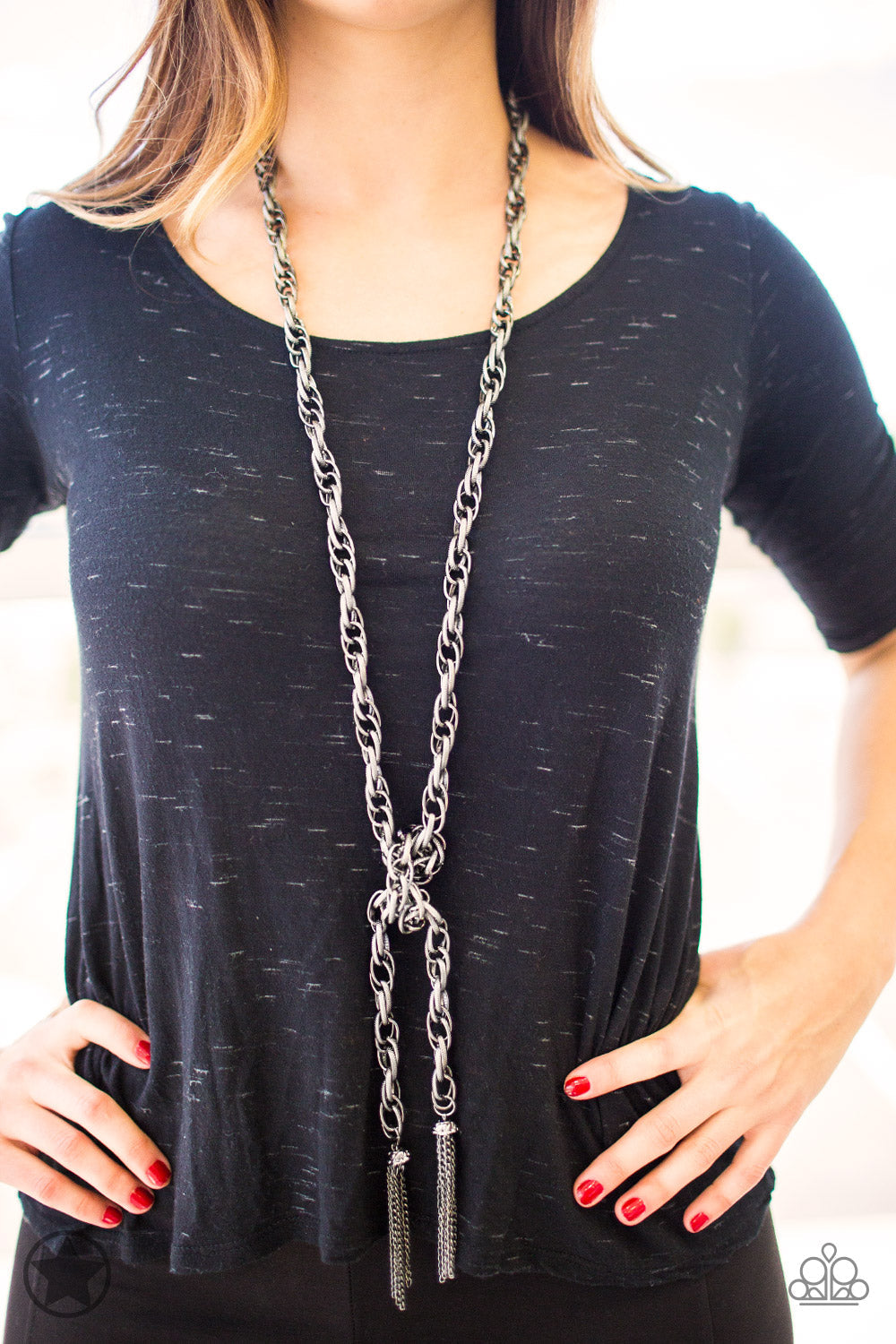 SCARFed for Attention - Gunmetal Scarf Necklace - Paparazzi Accessories Long Necklaces Bejeweled Accessories By Kristie Featuring Paparazzi Jewelry - Trendy fashion jewelry for everyone -