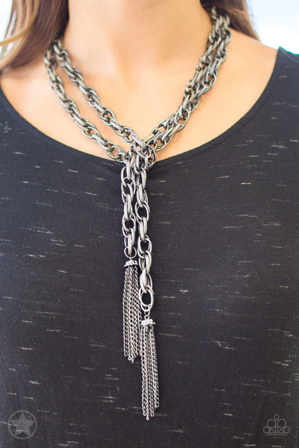 SCARFed for Attention - Gunmetal Scarf Necklace - Paparazzi Accessories Long Necklaces Bejeweled Accessories By Kristie Featuring Paparazzi Jewelry - Trendy fashion jewelry for everyone -