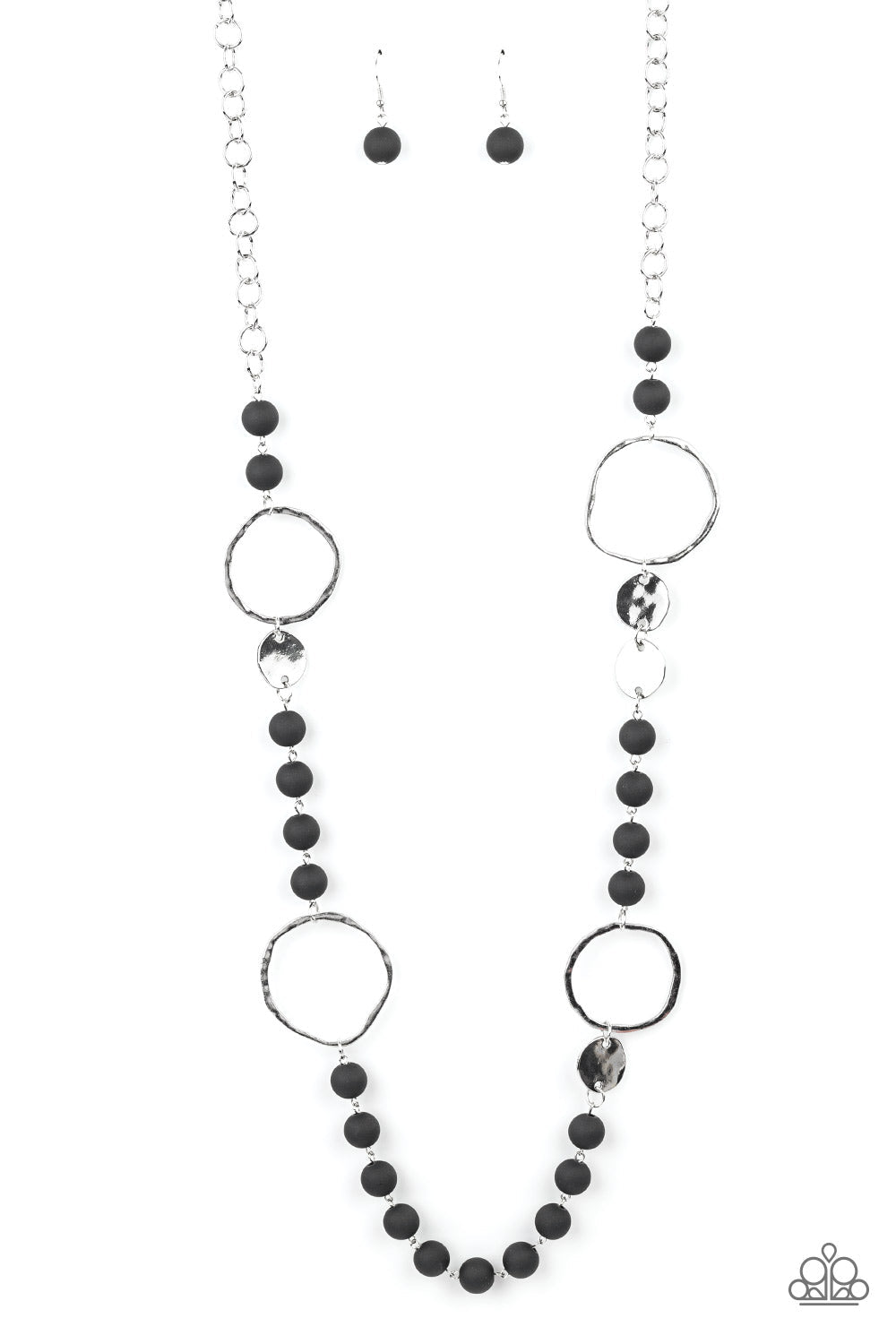 Sea Glass Wanderer - Black and Silver Necklace - Paparazzi Accessories - Strands of basic silver links, cloudy black beads alternate with hammered silver discs and oversized rings creating a subtle seaside vibe as they fall across the chest for a stylish fashion necklace. 