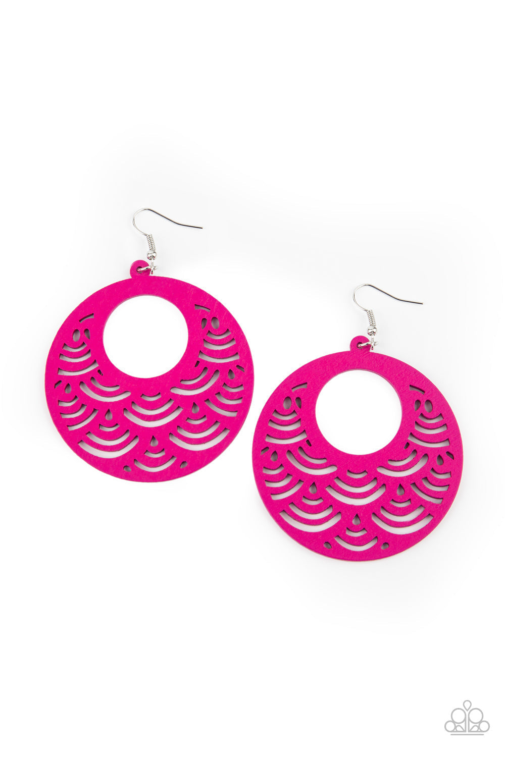 SEA Le Vie! - Pink Wood Fashion Earrings - Paparazzi Accessories - Stenciled in an airy scalloped cutout pattern, a vivacious pink wooden frame swings from the ear for a colorful tropical inspiration. Earring attaches to a standard fishhook fitting. Sold as one pair of earrings.