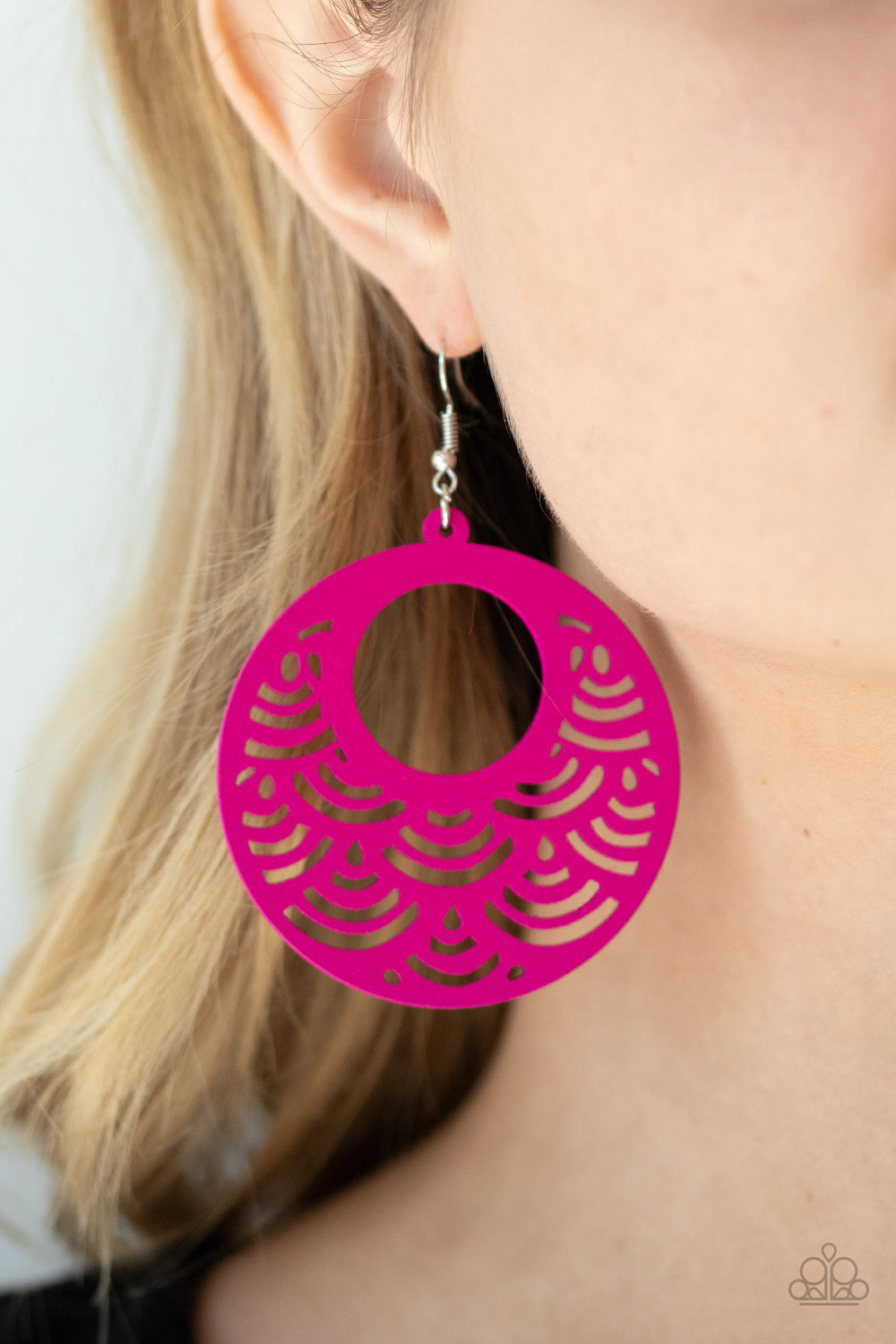 SEA Le Vie! - Pink Wood Fashion Earrings - Paparazzi Accessories - Stenciled in an airy scalloped cutout pattern, a vivacious pink wooden frame swings from the ear for a colorful tropical inspiration. Earring attaches to a standard fishhook fitting. Sold as one pair of earrings.