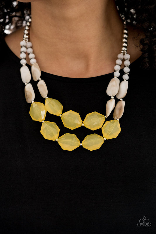 Seacoast Sunset  - Yellow Necklace - Paparazzi Accessories - A whimsical collection of silver, opaque crystal-like, cloudy white, and faceted yellow beads are threaded along invisible wires, creating statement-making layers below the collar fashion necklace.