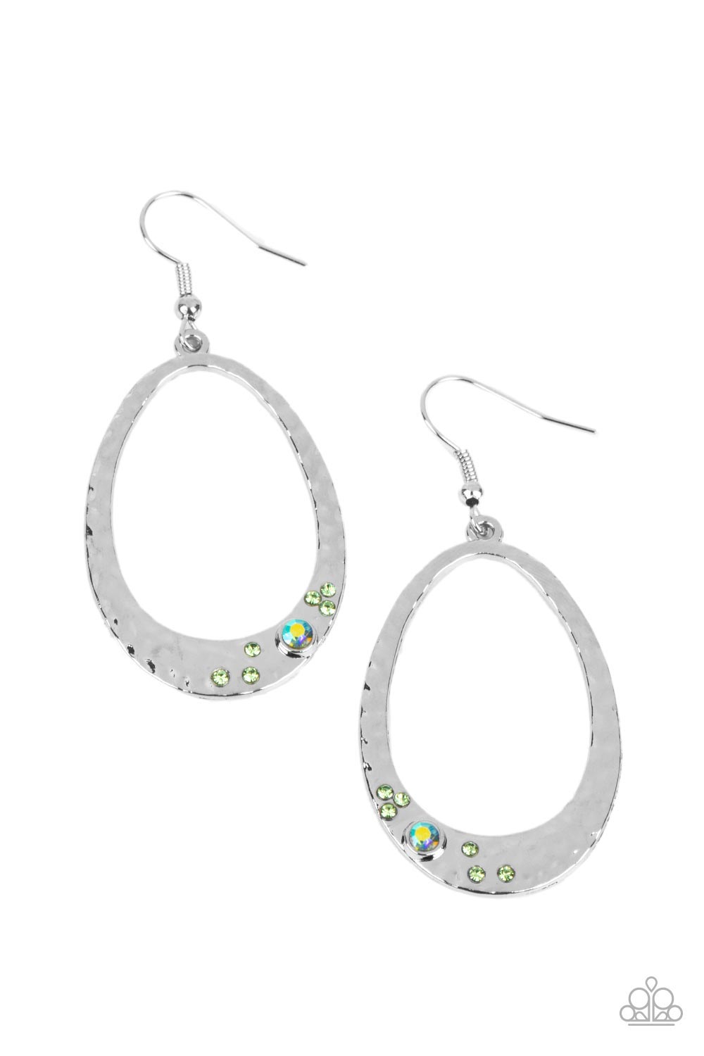 Seafoam Shimmer - Green Iridescent and Silver Earrings - Paparazzi Accessories - Green and iridescent rhinestones is haphazardly sprinkled across the bottom of a hammered silver teardrop, resulting in an effervescent sparkle. Earring attaches to a standard fishhook fitting.