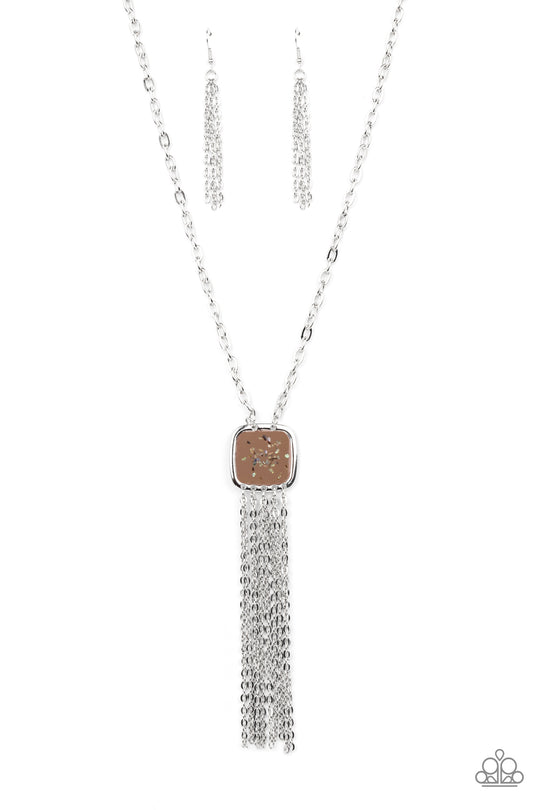 Seaside Season - Brown and Silver Necklace - Paparazzi Accessories - Flecked in shell-like iridescence, a brown painted square silver pendant swings from the bottom of a bold silver chain. Features an adjustable clasp closure.