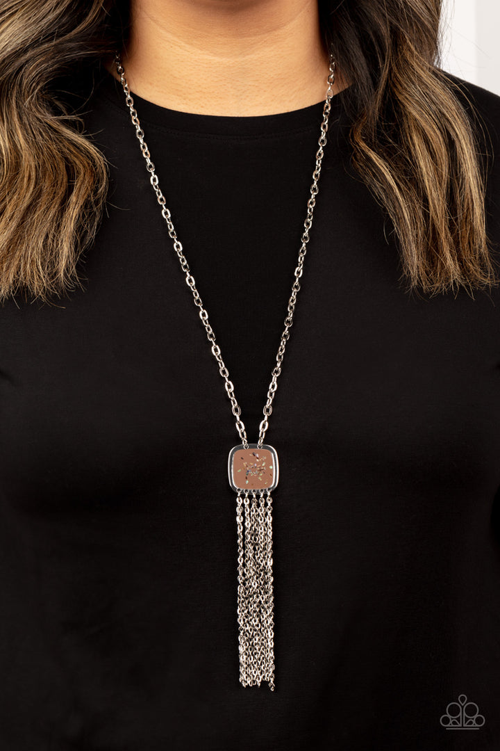 Seaside Season - Brown and Silver Necklace - Paparazzi Accessories - Flecked in shell-like iridescence, a brown painted square silver pendant swings from the bottom of a bold silver chain. Features an adjustable clasp closure.