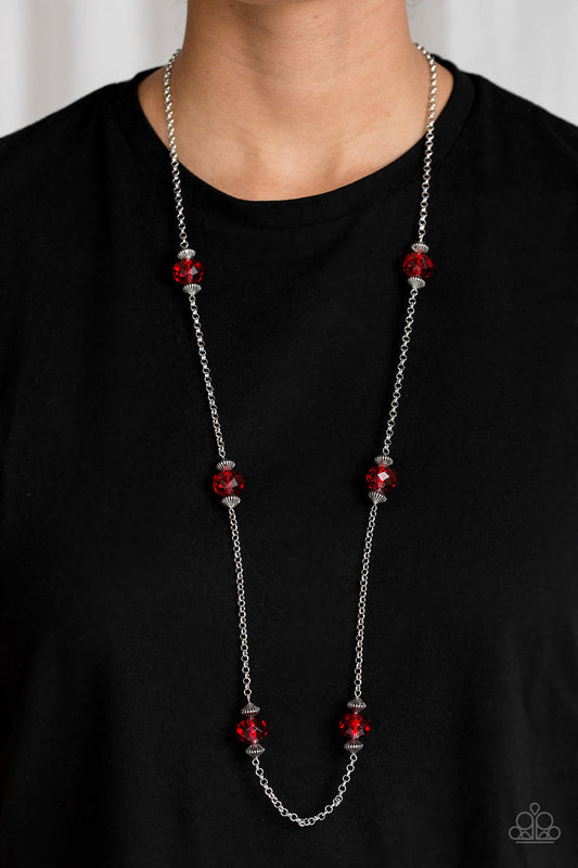 Season of Sparkle - Silver and Red Fashion Necklace - Paparazzi Accessories - Glassy red gems and silver beads trickle along a glistening silver chain for a refined stylish fashion necklace.