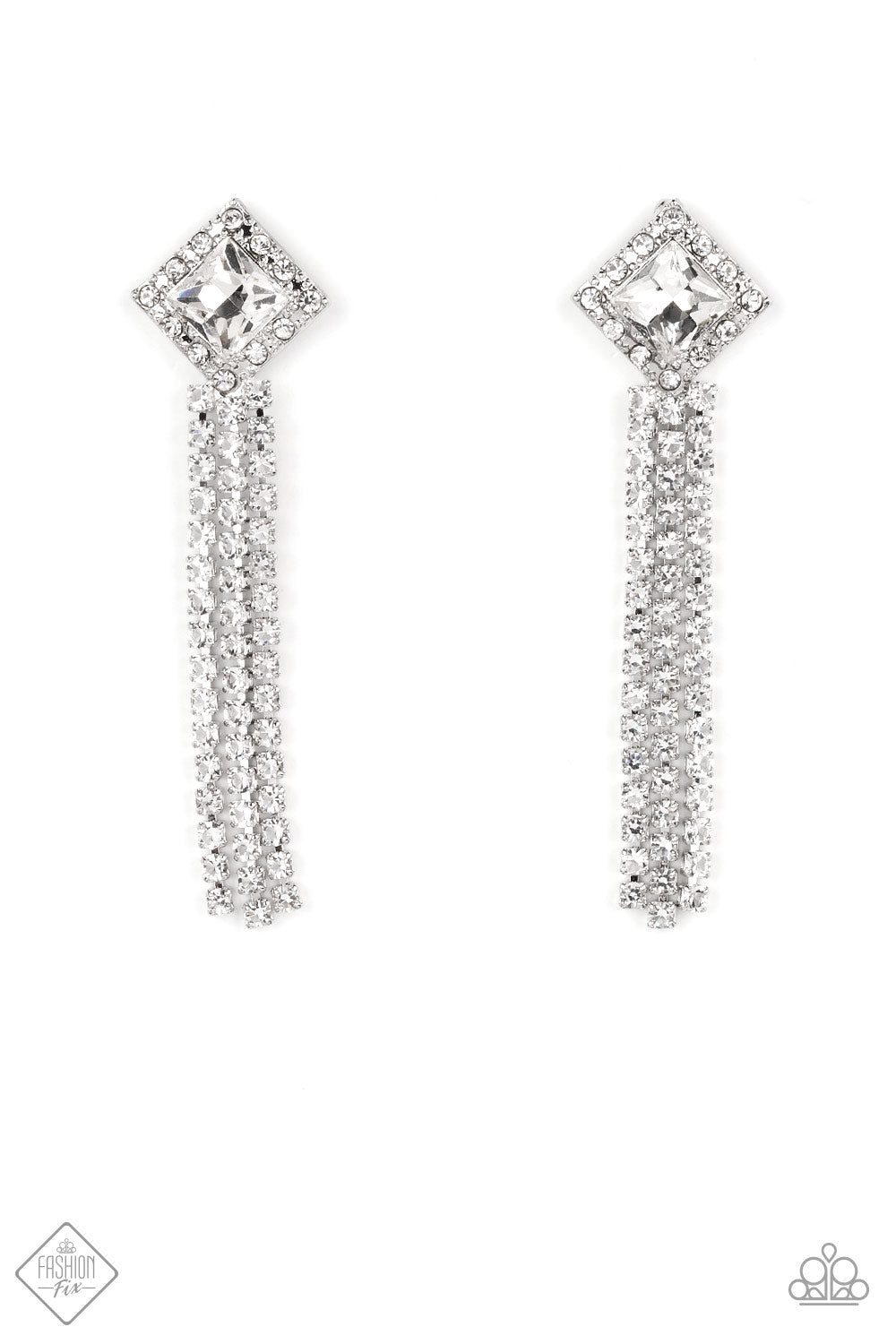 Seasonal Sparkle - White Rhinestone - Silver Fashion Earrings - Paparazzi Accessories - A brilliant, square-cut white rhinestone is bordered by tiny sparkling accents and tilted on a point, creating a dramatic anchoring point from which streams of glittery, square-cut rhinestones cascade from the ear in a glitzy finish. Earring attaches to a standard post fitting. Sold as one pair of post earrings.