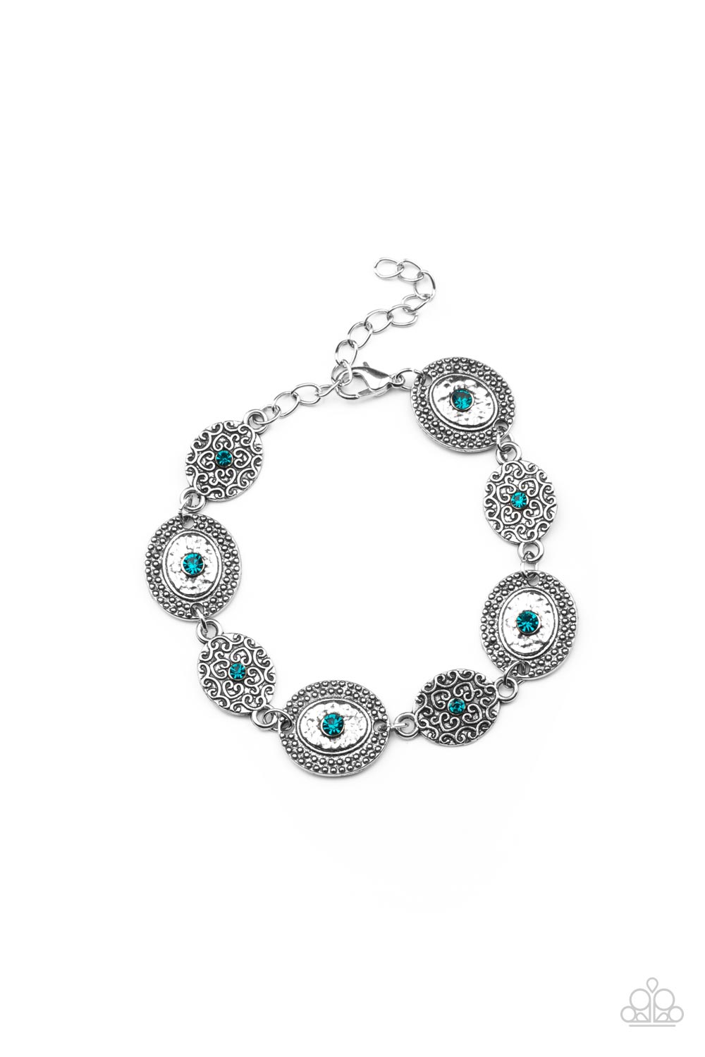Secret Garden Glamour - Blue Zircon and Silver Bracelet - Paparazzi Accessories - Delicate Blue Zircon rhinestones dot the centers of engraved antiqued silver discs. The dotted textures and heart-shaped vines create a charming impression as they gracefully link around the wrist. Features an adjustable clasp closure.  Bejeweled Accessories By Kristie - Trendy fashion jewelry for everyone -