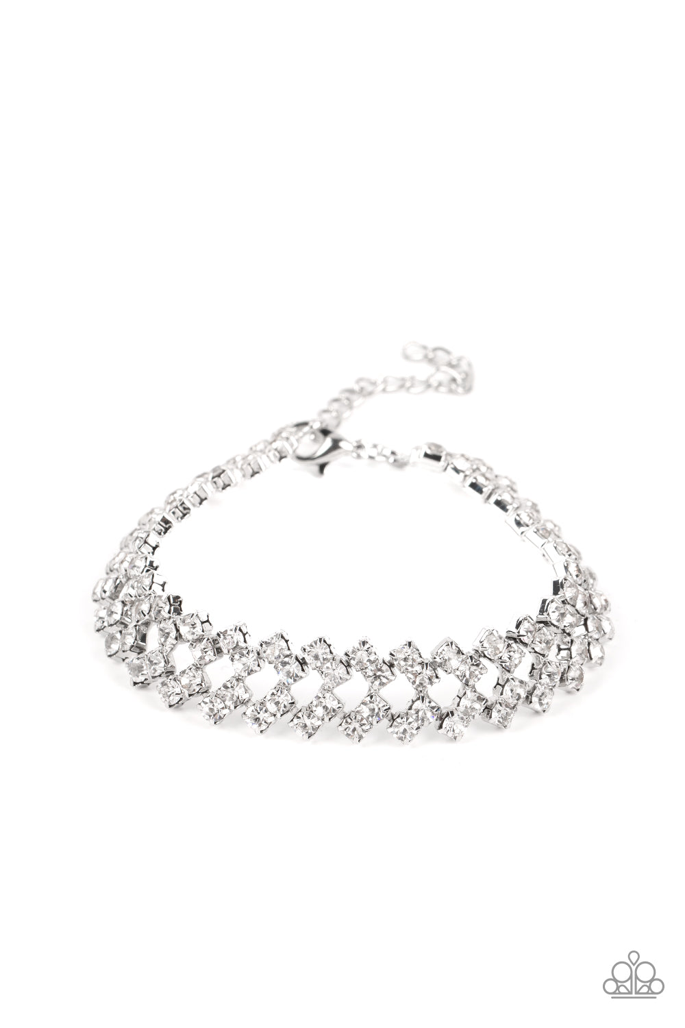 Seize the Sizzle - White Icy Rhinestone - Silver Bracelet - Paparazzi Accessories - Set in pronged silver settings, pairs of icy white rhinestones haphazardly stack around the wrist in sizzling rows of shimmer. Features an adjustable clasp closure. Sold as one individual bracelet.